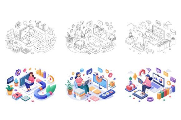 Girl Employee Works in Office: Unlock the Full Potential of Our Exclusive AI EPS Illustration Set