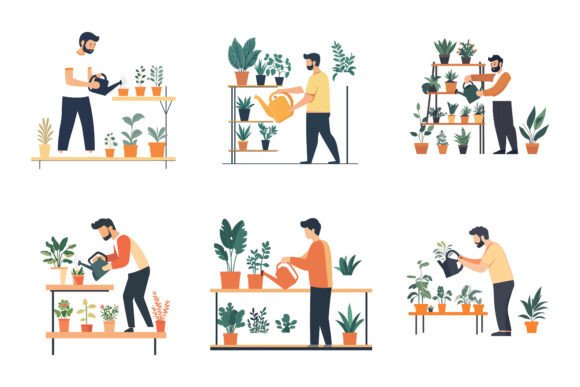 Man Caring for Houseplants Watering: A Versatile Illustration for Modern Creators